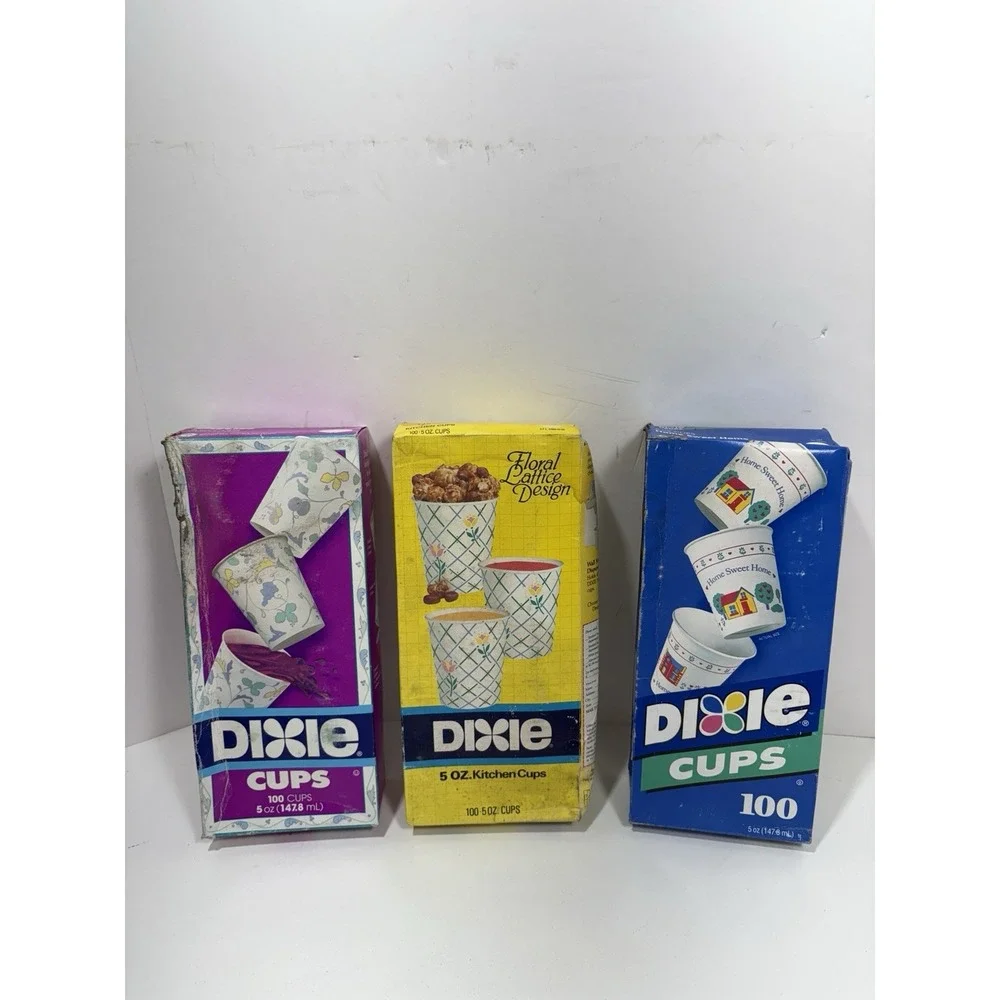 Lot Of‎ 3 Vintage Dixie Cups Boxes - Floral Lattice Home Sweet Home Fruits Vine